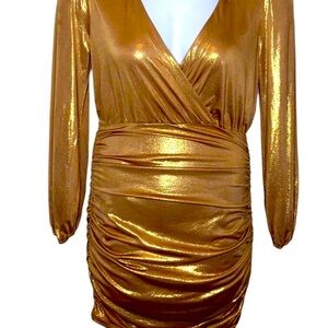 Privy Ruched Sides Faux Wrap Shirt Collar Gold Metallic Bodycon Medium Dress